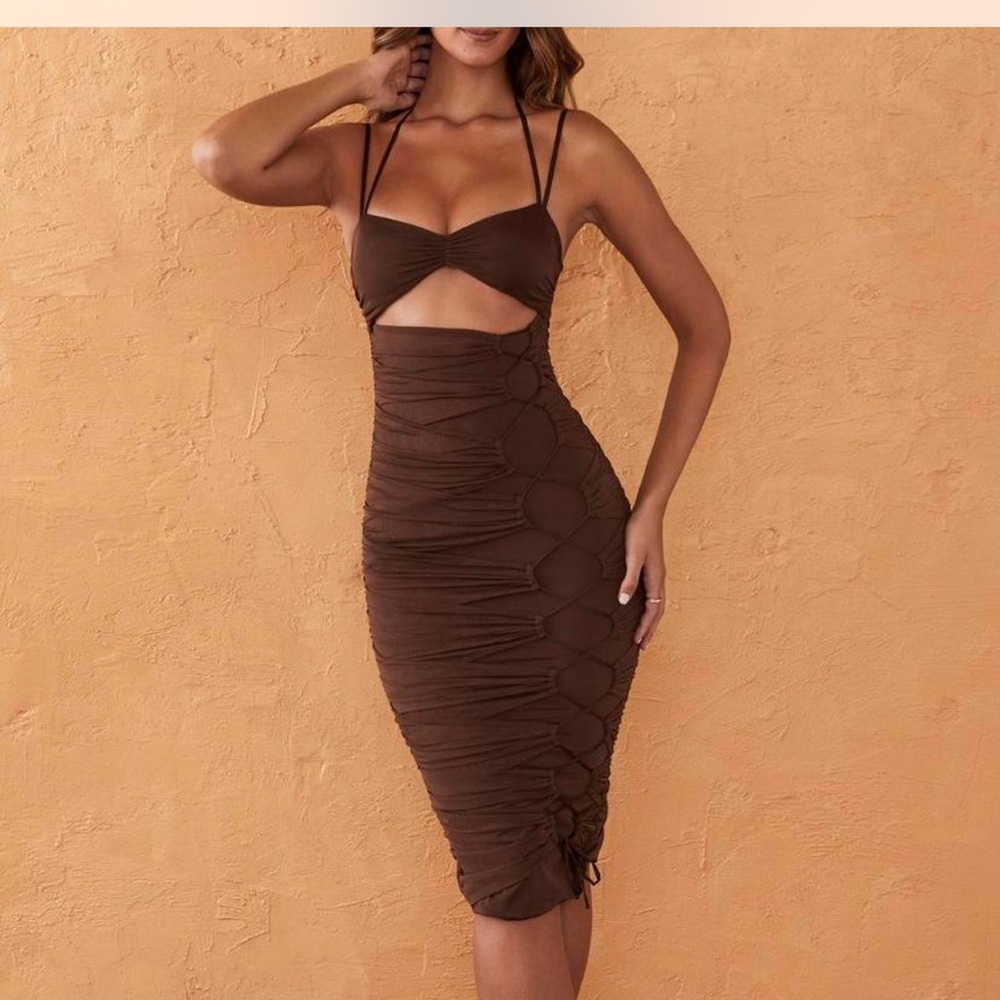 Oh polly Brown Ruched Cutout Midi Dress